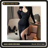 (Che Tên) Đầm Ngủ Dài Xẻ Tà Đùi Dáng Ôm Quyến Rũ Cuốn Hút Váy Body Dài Tay Đen Trắng Phong Cách Gợi Cảm Ngọt Ngào - N290 Đen Cao Cấp Bảo Đảm