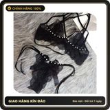 (Che Tên) Đồ Lót Nữ Ren Xuyên Thấu Đính Hạt Đáng Yêu Quyến Rũ Set Nội Y Lingerie Cột Dây Gợi Cảm Ngọt Ngào - T368 Đen - Hàng Mới Về