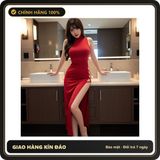 (Che Tên) Váy Ngủ Dài Xẻ Tà Đan Dây Hông Đầm Sườn Xám Cổ Cao Ôm Body - N222 Đỏ Hộp Trắng Kín