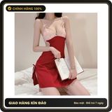 (Che Tên) Váy Ngủ Lụa Mềm Mịn Phối Ren Ngực Tặng Chip Sexy Gợi Cảm Đầm 2 Dây Mặc Nhà Hở Lưng Xẻ Tà Đùi Quyến Rũ - N124 Đỏ Hộp Trắng Kín
