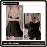 (Che Tên) Váy Ngủ Lụa Sexy Phối Ren Hoa Gợi Cảm Tinh Tế Đầm Thức 2 Dây Chéo Lưng Tặng Chip Quyến Rũ Sang Trọng - N136 Đen Hỗ Trợ 24/7