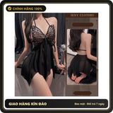 (Che Tên) Váy Ngủ Sexy Cánh Bướm Ren Xuyên Thấu Xẻ Tà Gợi Cảm Đầm Cổ Yếm Hở Lưng Tặng Chip Lọt Khe Quyến Rũ - N214 Đen - Hàng Mới Về