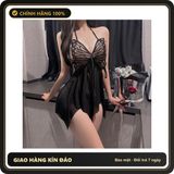 (Che Tên) Váy Ngủ Sexy Cánh Bướm Ren Xuyên Thấu Xẻ Tà Gợi Cảm Đầm Cổ Yếm Hở Lưng Tặng Chip Lọt Khe Quyến Rũ - N214 Đen - Hàng Mới Về