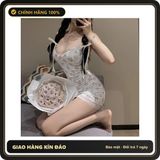 (Che Tên) Váy Ngủ Sexy Ôm Body Phối Ren Hoa Nhí Gợi Cảm Đầm Mặc Nhà 2 Dây Xẻ Đùi Cúc Bấm Tặng Chip Quyến Rũ - N232 Trắng Hoa Hồng - Hàng Mới Về