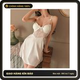 (Che Tên) Váy Ngủ Lụa Cao Cấp Có Mút Ngực Phối Ren Sexy Gợi Cảm Đầm Thức - N160 Trắng Hộp Trắng Kín