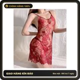 (Che Tên) Váy Ngủ Sexy 2 Dây Ren Xuyến Thấu Họa Tiết Hoa Gợi Cảm Đầm Ngủ Nữ Dáng Dài Hở Lưng Quyến Rũ - N102 Đỏ Chuẩn Auth