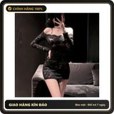 Váy Ngủ Dài Tay Ren Xuyên Thấu Phối Hoa N183 Đen chính hãng - phối ren, freesize, ôm body tôn dáng - giao hàng che tên kín đáo