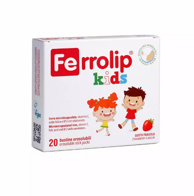 (Hàng nhập khẩu) Sắt hữu cơ dạng bột cho bé Ferrolip Kids vị dâu hộp 20 gói