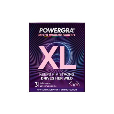 Bao cao su Powergra Maxfit - Size 54mm, siêu mỏng, kéo dài, hương dâu - Hộp 3 cái