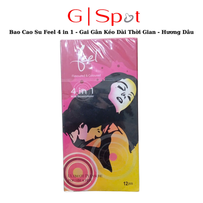 Bao Cao Su Feel 4 in 1 - Gai Gân Kéo Dài Thời Gian - Hương Dâu - Hộp 12 cái