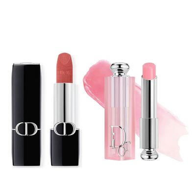 Set Son Dior Rouge Dior Couture Velvet Finish 772 Classic Rosewood Hồng Đất + Addict Lip Glow Balm 001 Pink Chính Hãng - Bộ Son Sang Trọng Dưỡng Ẩm Môi