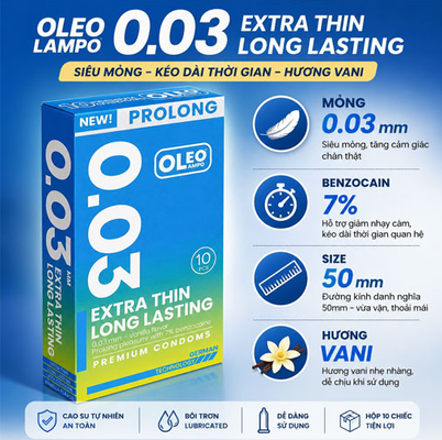 Bao Cao Su Oleo Lampo 0.03mm Hộp 10 Chiếc - Siêu Mỏng Trần Trụi, Nhiều Gel, Kéo Dài Thời Gian
