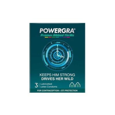 (Hộp 3 Cái) Bao cao su Powergra Promax - Gân sọc và điểm nổi, kéo dài, hương trái cây chính hãng