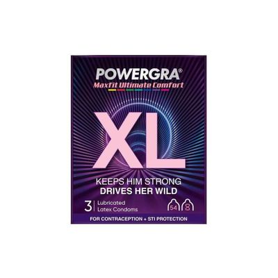 (Hộp 3 Cái) Bao cao su Powergra Maxfit - Size 54mm, siêu mỏng, kéo dài, hương dâu chính hãng