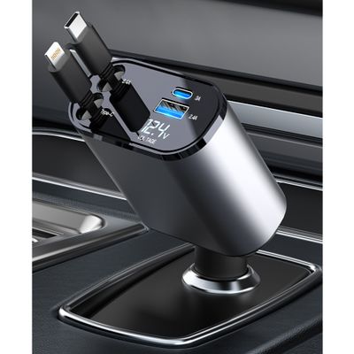 Tẩu Sạc Nhanh Ô tô  4 trong 1 công suất 120W dây cáp có thể thu gọn kéo dài cho điện thoại Samsung Iphone.. MTR008 236111