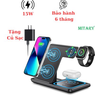 Đế sạc không dây Iphone, Samsung gấp gọn, 3 trong 1  sạc cho tai nghe Airpod, đồng hồ  apple watch công suất 15W MTR027A 236164