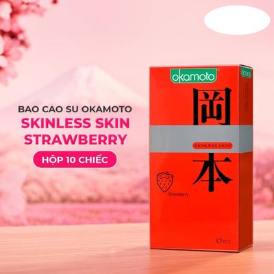 Bao cao su Okamoto Skinless Skin Strawberry Hương dâu mềm mại  Hộp 10 cái cao cấp chính hãng