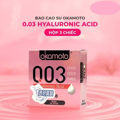 Bao cao su Okamoto 0.03 Hyaluronic Acid Siêu mỏng bôi trơn dưỡng ẩm  Hộp 3 cái cao cấp chính hãng
