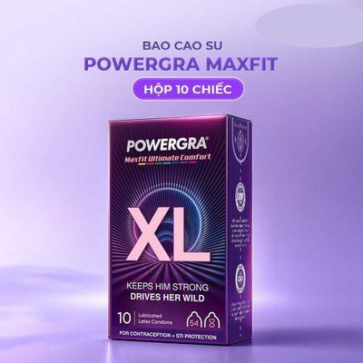 Bao cao su Powergra Maxfit - Size 54mm, siểu mỏng, kéo dài, hương dâu - Hộp 10 cái cao cấp chính hãng
