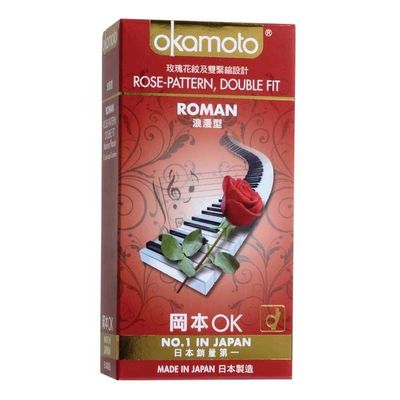 Bao cao su Okamoto Roman - Hộp 10 Cái, Mỏng, Gân Hoa Hồng