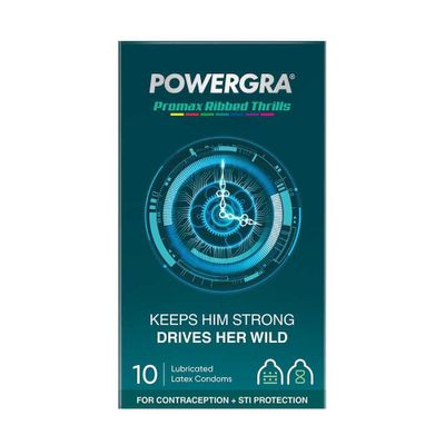 Bao cao su Powergra Promax - Gân sọc và điểm nổi, kéo dài, hương trái cây - Hộp 10 cái