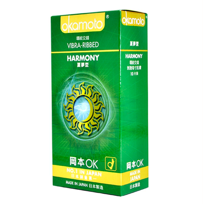 Hộp 10 bao cao su siêu mỏng tiết họa hình lưới okamoto harmony vibra ribbed