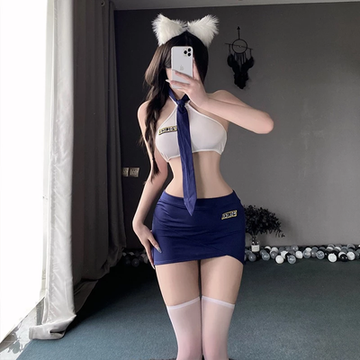 Cosplay Tiếp Viên Hàng Không Kèm Cà Vạt Siêu Xinh Gợi Cảm Set Police Thuỷ Thủ Ôm Body Quyến Rũ Ngọt Ngào - N325 Xanh