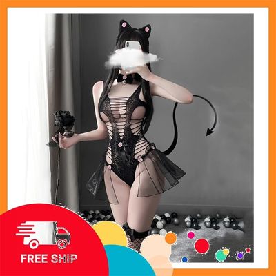 (Che Tên Khi Giao) Đồ Cosplay Mèo Hư Hỏng Có Đuôi Xuyên Thấu Gợi Cảm Đáng Yêu Bodystocking 1 Mảnh Miêu Nữ Đen Dễ Thương - N739 Giao Nhanh Toàn Quốc