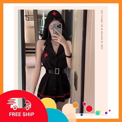 (Che Tên Khi Giao) Váy Ngủ Cosplay Y Tá Có Đai Nịt Lưng Gợi Cảm Đáng Yêu Đầm Sơ Mi Nữ Bác Sĩ Hở Lưng Quyến Rũ Dễ Thương - N750 Đen Hỗ Trợ 24/7