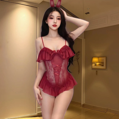 Cosplay Thỏ Bông Đỏ Có Đuôi Hở Ngực Siêu Xinh Gợi Cảm Bodysuit Liền Thân Ren Bèo Xẻ Đáy Dễ Thương Quyến Rũ - N330 Đỏ