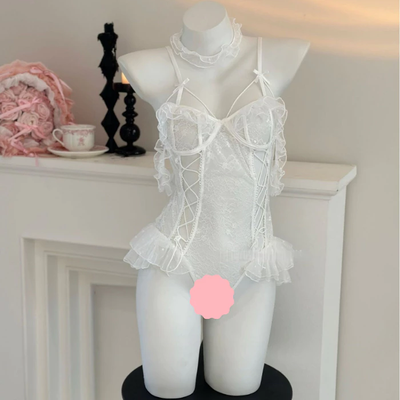 Đồ Lót Liền Thân Ren Phối Nơ Siêu Đẹp Đáng Yêu Bodysuit Nữ Kèm Choker Đen Trắng Dễ Thương Tinh Tế - N924 Trắng