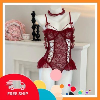 (Che Tên Khi Giao) Đồ Lót Liền Thân Ren Phối Nơ Siêu Đẹp Đáng Yêu Bodysuit Nữ Kèm Choker Đen Trắng Dễ Thương Tinh Tế - N924 Đỏ - Hàng Mới Về