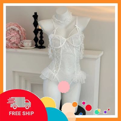 (Che Tên Khi Giao) Đồ Lót Liền Thân Ren Phối Nơ Siêu Đẹp Đáng Yêu Bodysuit Nữ Kèm Choker Đen Trắng Dễ Thương Tinh Tế - N924 Trắng Chuẩn Auth
