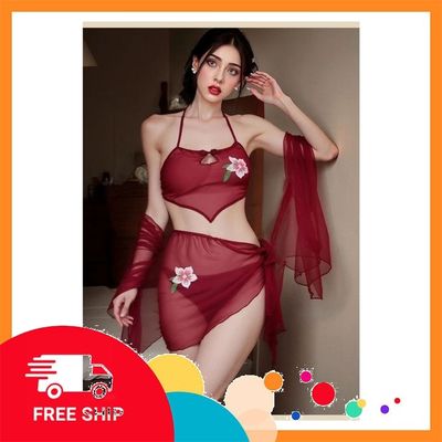 (Che Tên Khi Giao) Bộ Đồ Lót Yếm Đào Kèm Khăn Choàng Gợi Cảm Đáng Yêu Set Hán Phục Cosplay Cổ Trang Hanfu Cổ Xưa Quyến Rũ - N884 Đỏ Hộp Trắng Kín