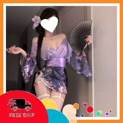 (Che Tên Khi Giao) Đồ Ngủ Kimono Nhật Bản Xẻ Ngực Gợi Cảm Sang Trọng Cosplay Sexy Áo Choàng Ngủ Lụa Hoa Anh Đào Quyến Rũ - N841 Tím Chuẩn Auth