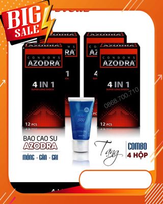 Combo 4 hộp Bao Cao Su Azodra 4in1 Tổng Hợp Gân, Gai, Mỏng, Kéo Dài Thời Gian Quan Hệ ( 48 chiếc ) + tặng 1 chai ɡel bôi trơn