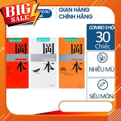 Okamoto ( Combo 3 hộp) Bao cao su Hương Dâu,Cam và không mùi siêu mỏng-30 cái