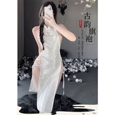 (Che Tên Khi Giao) Sườn Xám Gợi Cảm Đan Dây Hông Cosplay Cổ Trang Trung Hoa Gấm Trắng Mềm Mịn - N781 Trắng Chuẩn Auth