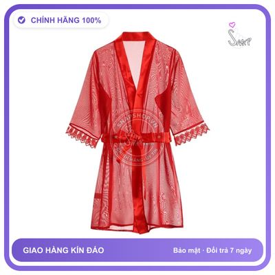 Áo Choàng Ngủ Xuyên Thấu Phối Ren Mềm Mại N256 Đỏ chính hãng - chất lụa mát mềm, freesize, set đầy đủ phụ kiện - giao hàng che tên kín đáo