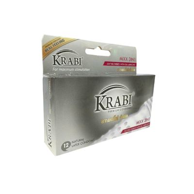 Bao cao su Krabi Mixx 3in1 gân, gai, gel bôi trơn (xám) hộp 12 cái bản tiêu chuẩn