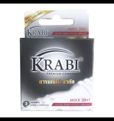 Bao cao su Krabi Mixx 3in1 gân, gai, gel bôi trơn (xám) hộp 3 cái bản tiêu chuẩn