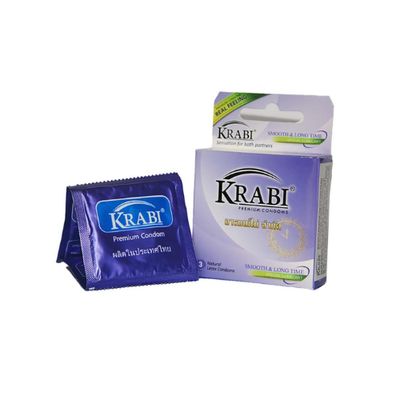 Bao cao su Krabi Smooth & Longtime trơn, kéo dài (tím) hộp 3 cái giao nhanh