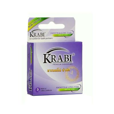 Bao cao su Krabi Smooth & Longtime trơn, kéo dài (tím) hộp 3 cái bản tiêu chuẩn