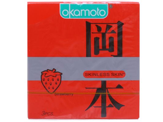 Bao Cao Su Okamoto Skinless Skin Strawberry Hương Dâu hộp 3 cái hàng có sẵn