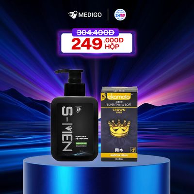 Combo Bao cao su Okamoto Crown hộp 10 cái + Dung dịch vệ sinh nam giới S-Men chai 150ml