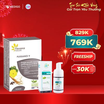Hỗ trợ tăng cường sinh lực Puissance hộp 30 viên & Dung dịch vệ sinh nam giới DETOMEN hộp 1 chai 100ml