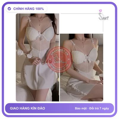 Váy Ngủ Lụa Cao Cấp Có Mút Ngực Phối N160 Trắng chính hãng - chất lụa mát mềm, phối ren, freesize - giao hàng che tên kín đáo