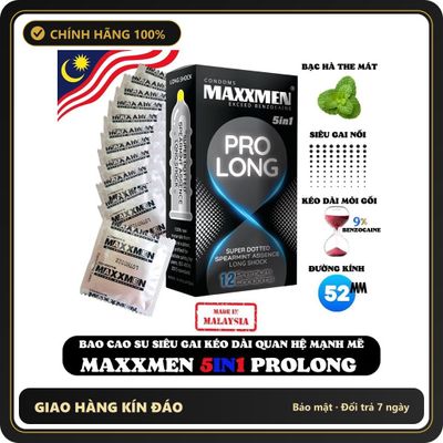 (Che Tên) Bao Cao Su Cao Cấp Maxxmen 5in1 Prolong – Kéo Dài Thời Gian – Gai Lớn 567862 Chuẩn Auth