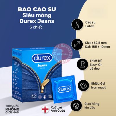 Bao Cao Su Siêu Mỏng Durex Jeans Chính Hãng Hộp 3 Cái - nhiều gel bôi trơn, ôm sát cảm giác thật, chất liệu latex an toàn - giao hàng che tên kín đáo