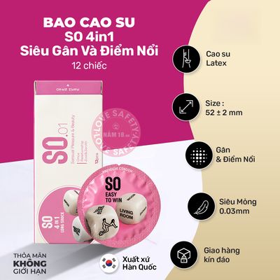 Bao Cao Su SO 4in1 Siêu Gân Và Điểm Nổi Hộp 12 Cái chính hãng - ôm sát cảm giác thật, chất liệu latex an toàn, hàng nhập khẩu - giao hàng che tên kín đáo